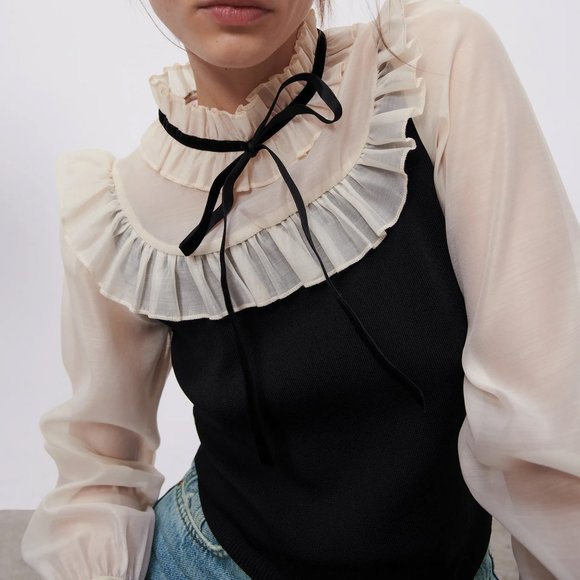NEW Zara Contrasting Organza Ruffle Sweater Top S - Picture 3 of 11